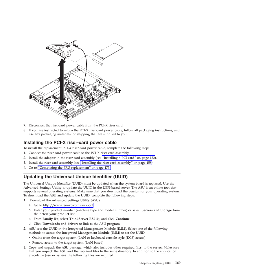Installing the pci-x riser-card power cable, Updating the universal unique identifier (uuid) | Lenovo THINKSERVER RS210 User Manual | Page 177 / 244