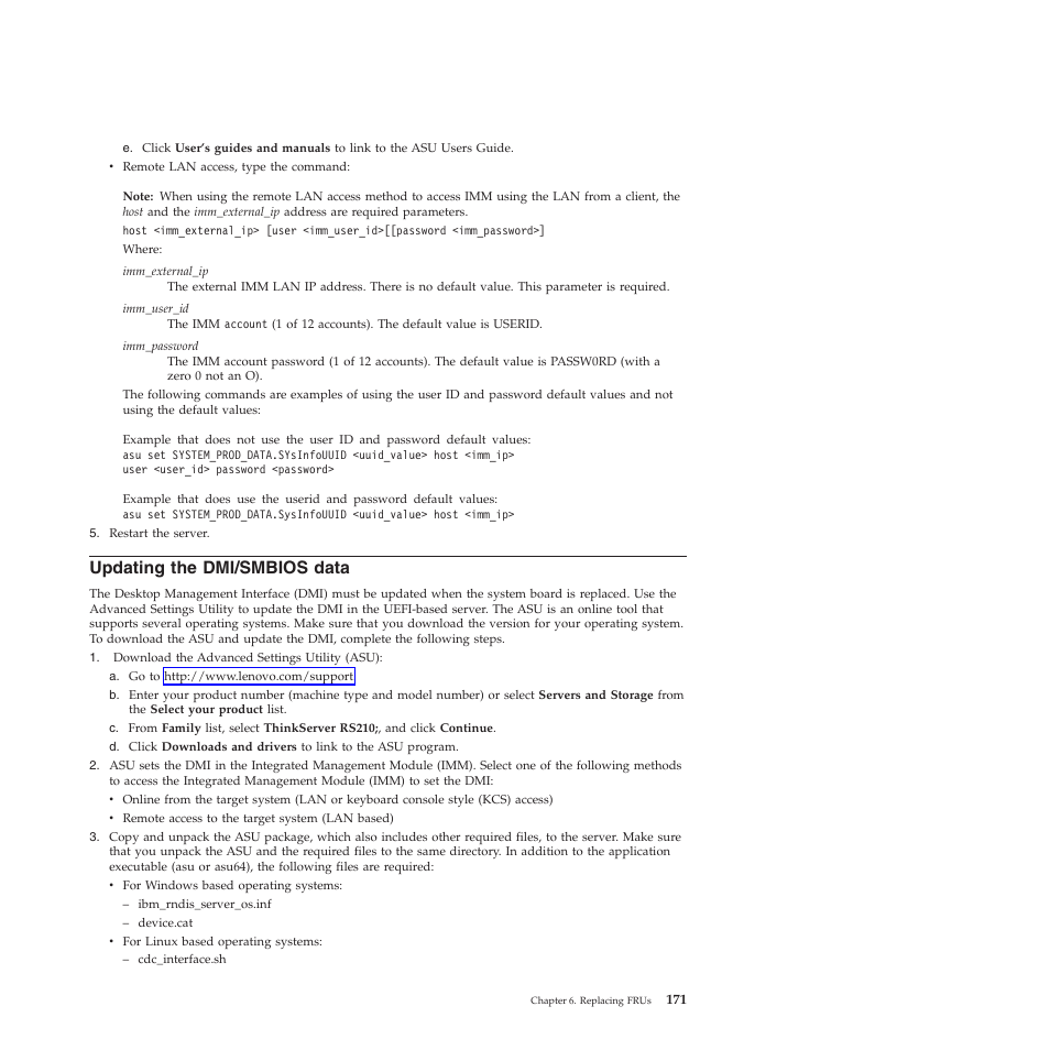 Updating the dmi/smbios data | Lenovo THINKSERVER RS210 User Manual | Page 179 / 244