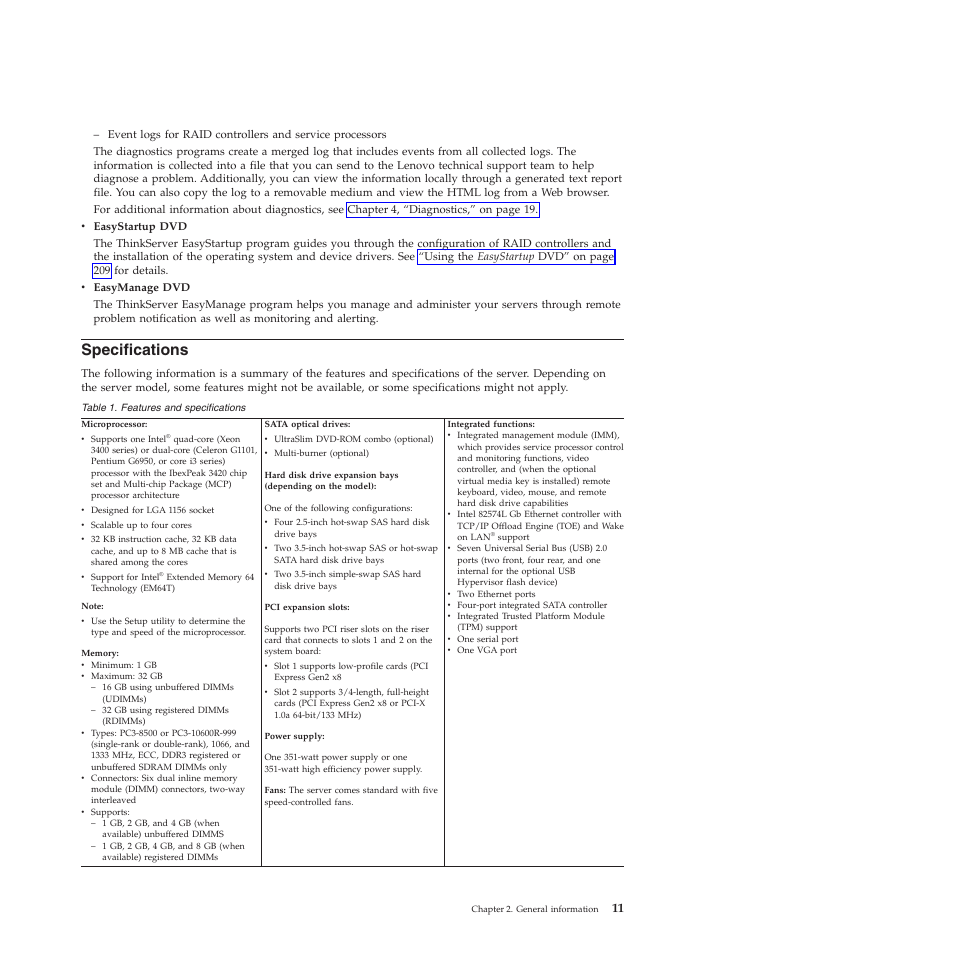 Specifications | Lenovo THINKSERVER RS210 User Manual | Page 19 / 244