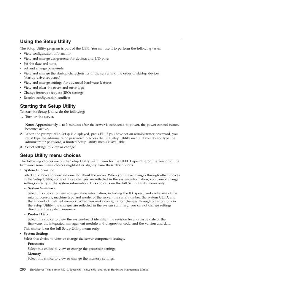 Using the setup utility, Starting the setup utility, Setup utility menu choices | Lenovo THINKSERVER RS210 User Manual | Page 208 / 244