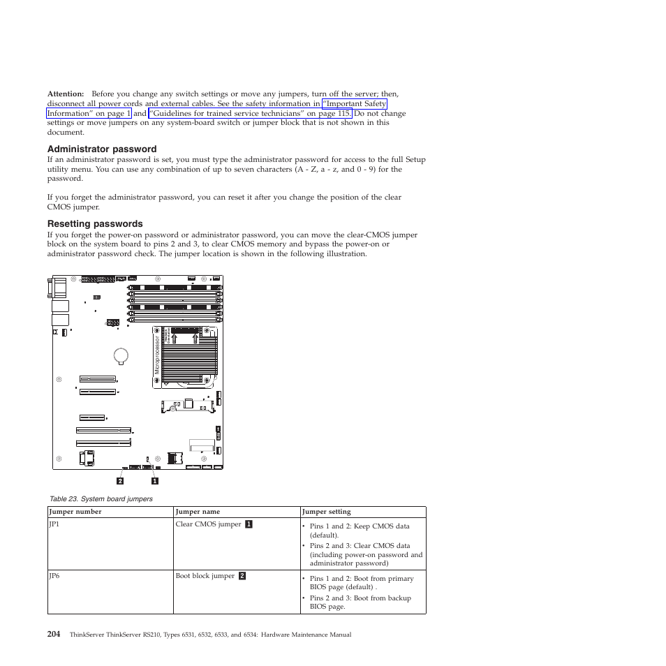 Administrator password, Resetting passwords | Lenovo THINKSERVER RS210 User Manual | Page 212 / 244