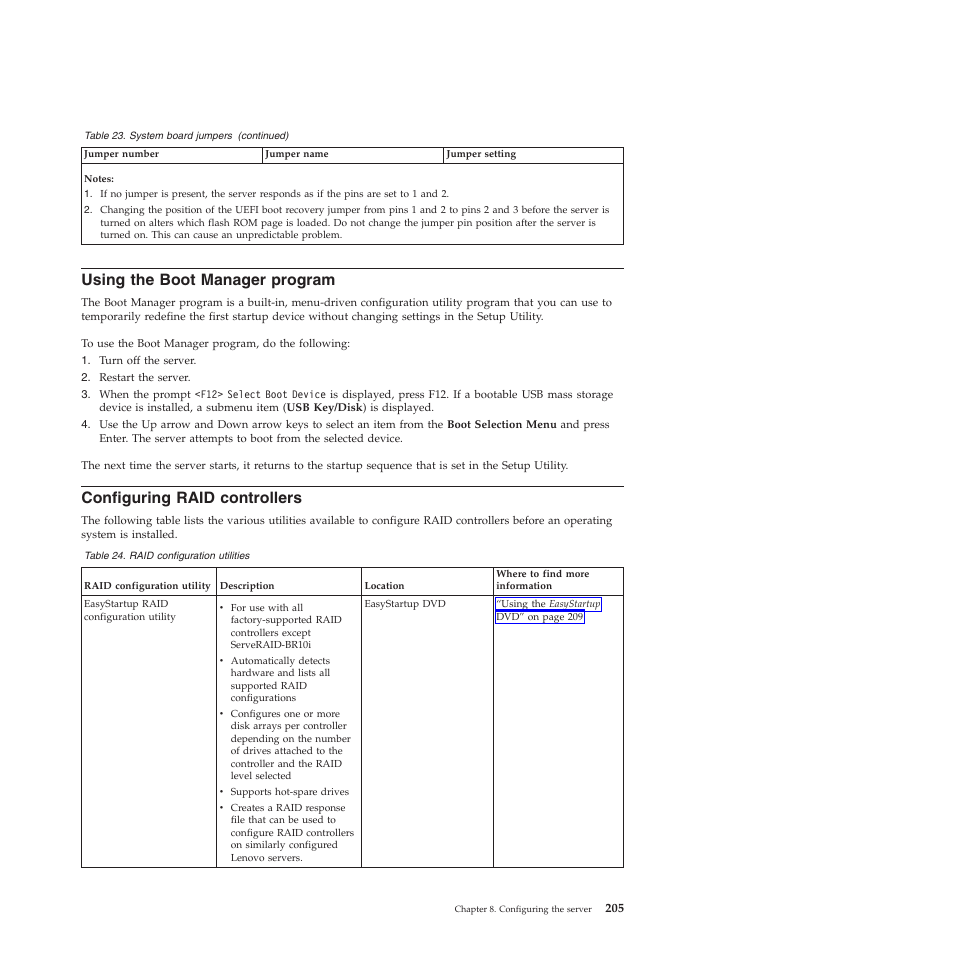 Using the boot manager program, Configuring raid controllers | Lenovo THINKSERVER RS210 User Manual | Page 213 / 244