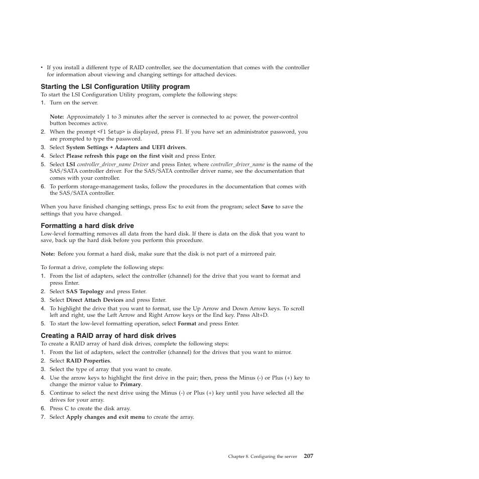 Starting the lsi configuration utility program, Formatting a hard disk drive, Creating a raid array of hard disk drives | Lenovo THINKSERVER RS210 User Manual | Page 215 / 244