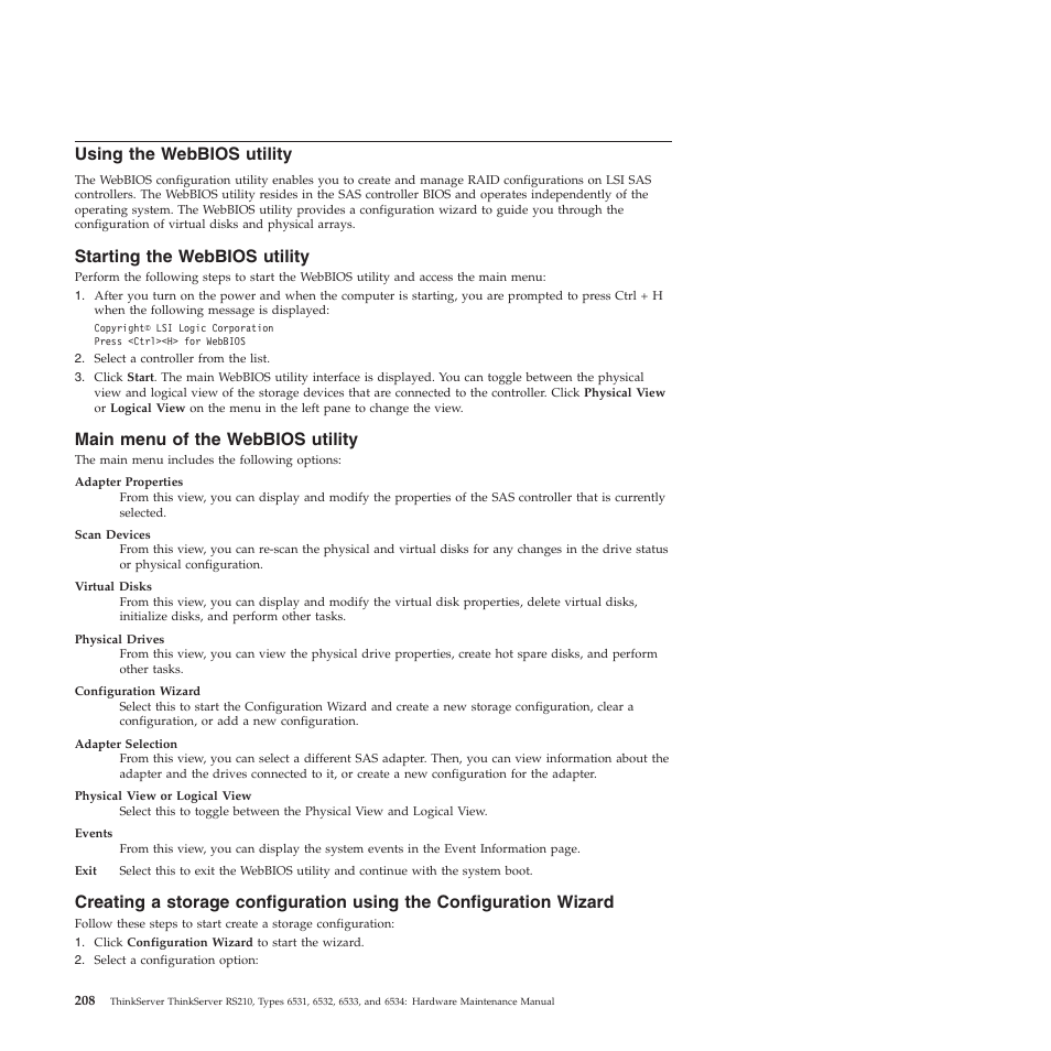 Using the webbios utility, Starting the webbios utility, Main menu of the webbios utility | Lenovo THINKSERVER RS210 User Manual | Page 216 / 244