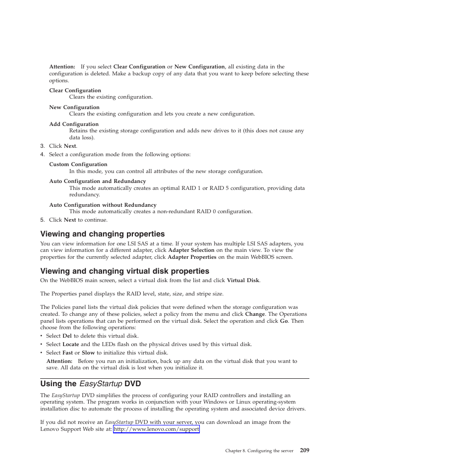 Viewing and changing properties, Viewing and changing virtual disk properties, Using the easystartup dvd | Lenovo THINKSERVER RS210 User Manual | Page 217 / 244