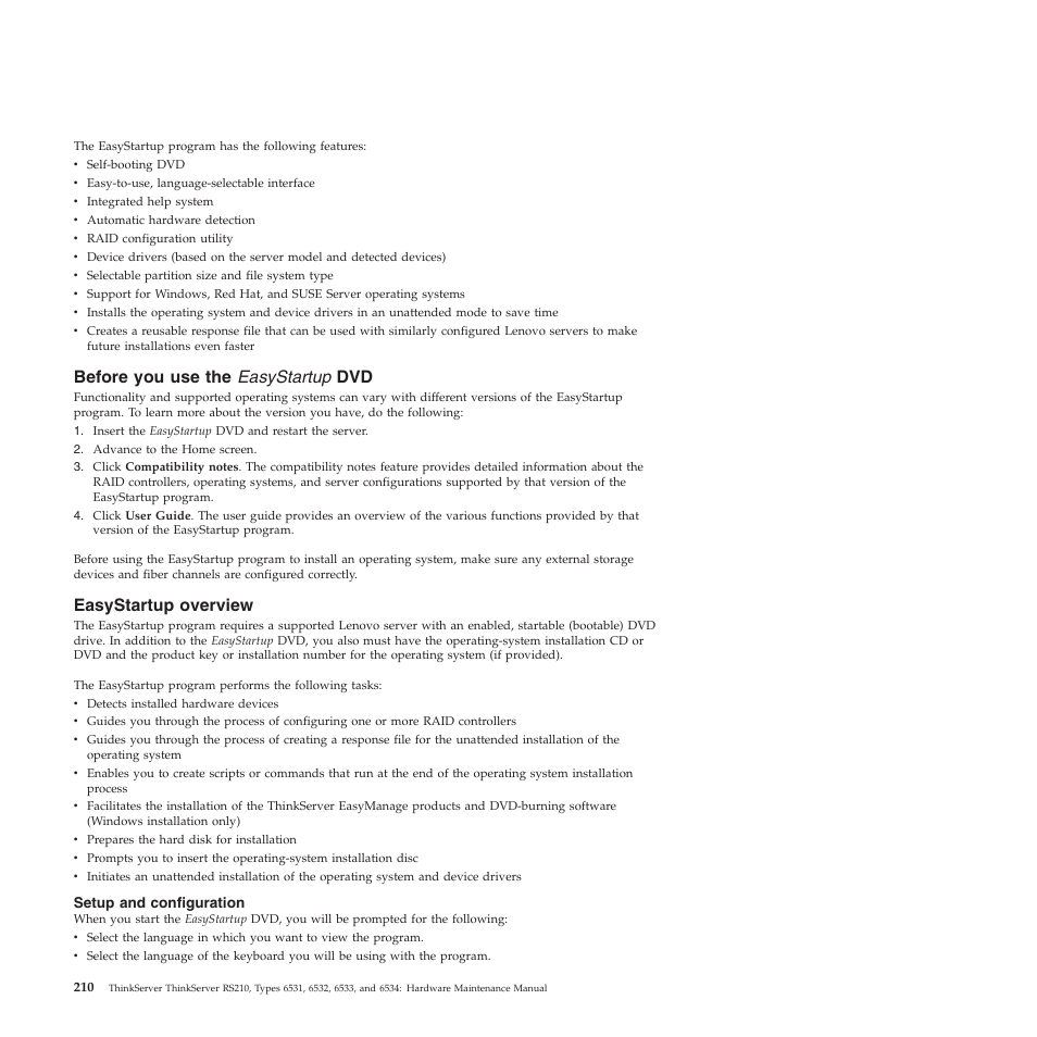 Before you use the easystartup dvd, Easystartup overview, Setup and configuration | Lenovo THINKSERVER RS210 User Manual | Page 218 / 244