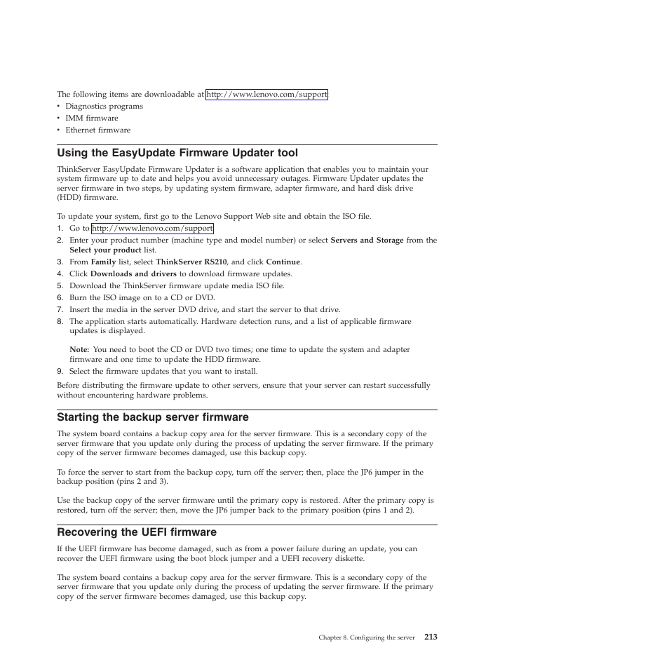 Using the easyupdate firmware updater tool, Starting the backup server firmware, Recovering the uefi firmware | Lenovo THINKSERVER RS210 User Manual | Page 221 / 244