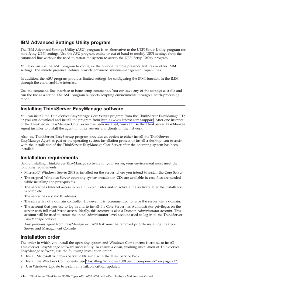 Ibm advanced settings utility program, Installing thinkserver easymanage software, Installation requirements | Installation order | Lenovo THINKSERVER RS210 User Manual | Page 224 / 244