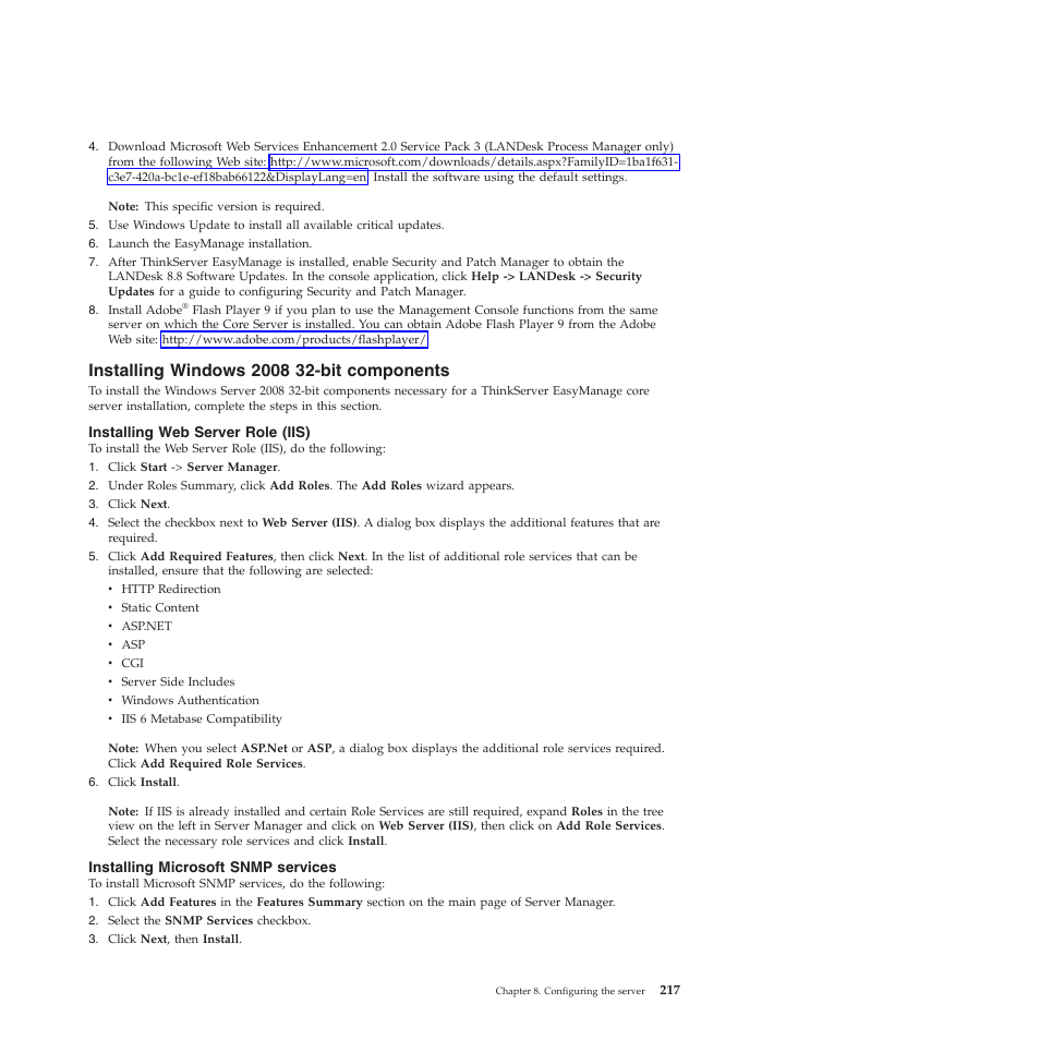 Installing windows 2008 32-bit components, Installing web server role (iis), Installing microsoft snmp services | Lenovo THINKSERVER RS210 User Manual | Page 225 / 244