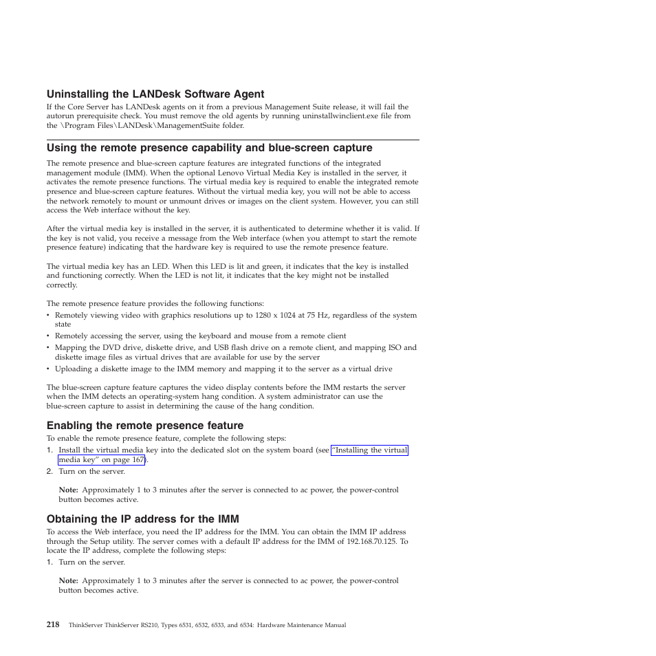 Uninstalling the landesk software agent, Enabling the remote presence feature, Obtaining the ip address for the imm | Lenovo THINKSERVER RS210 User Manual | Page 226 / 244