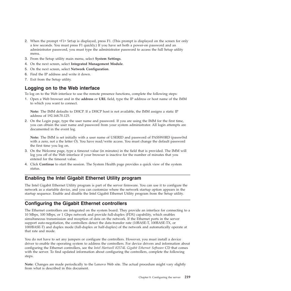 Logging on to the web interface, Configuring the gigabit ethernet controllers | Lenovo THINKSERVER RS210 User Manual | Page 227 / 244