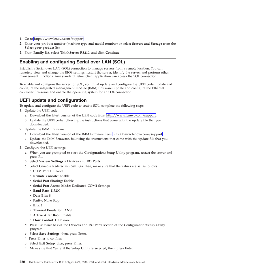 Enabling and configuring serial over lan (sol), Uefi update and configuration | Lenovo THINKSERVER RS210 User Manual | Page 228 / 244