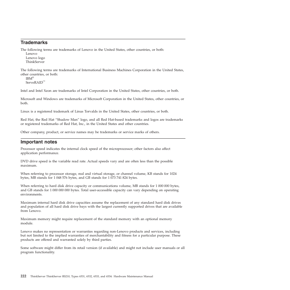 Trademarks, Important notes | Lenovo THINKSERVER RS210 User Manual | Page 230 / 244