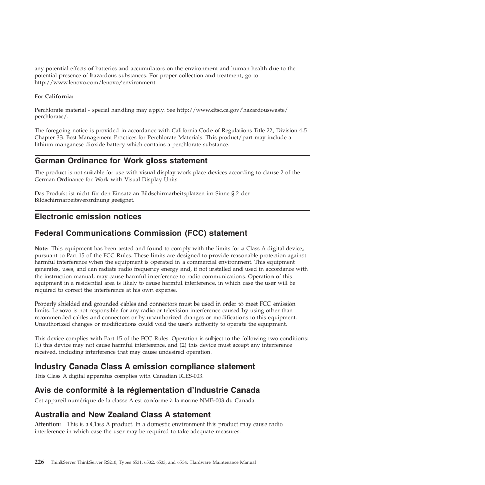 German ordinance for work gloss statement, Electronic emission notices, Federal communications commission (fcc) statement | Australia and new zealand class a statement | Lenovo THINKSERVER RS210 User Manual | Page 234 / 244