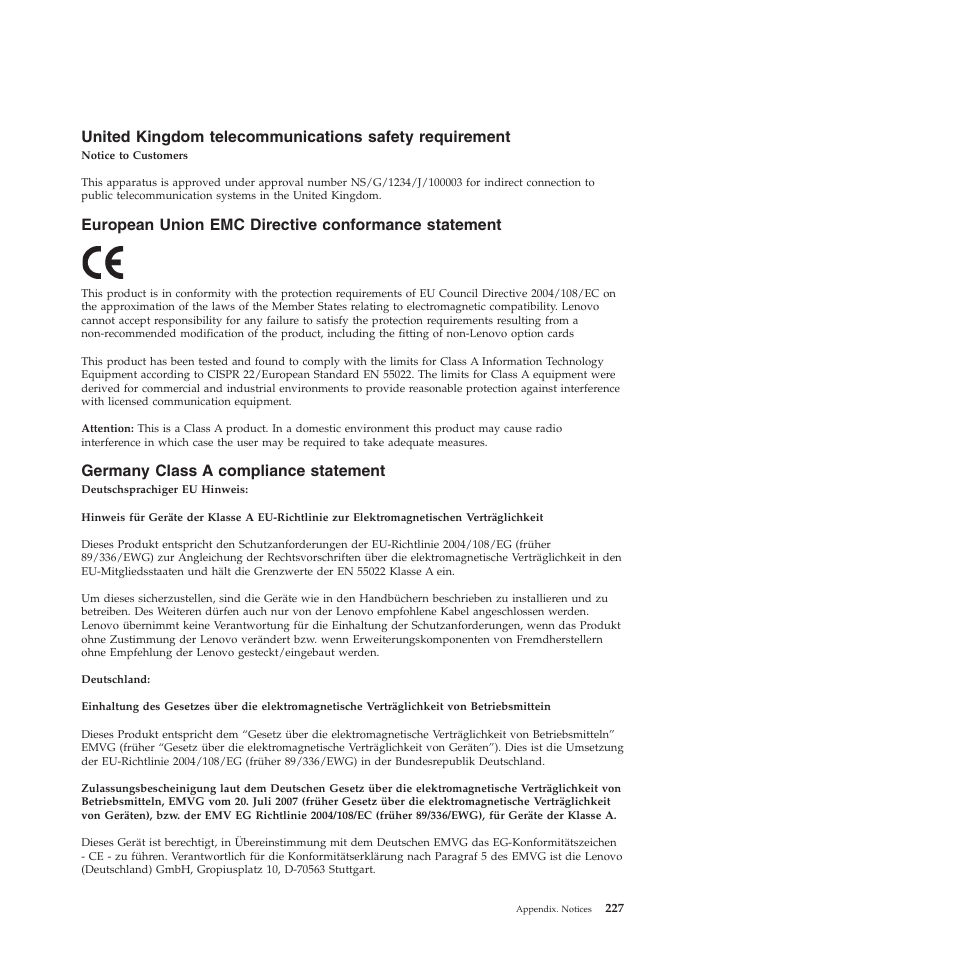 European union emc directive conformance statement, Germany class a compliance statement | Lenovo THINKSERVER RS210 User Manual | Page 235 / 244