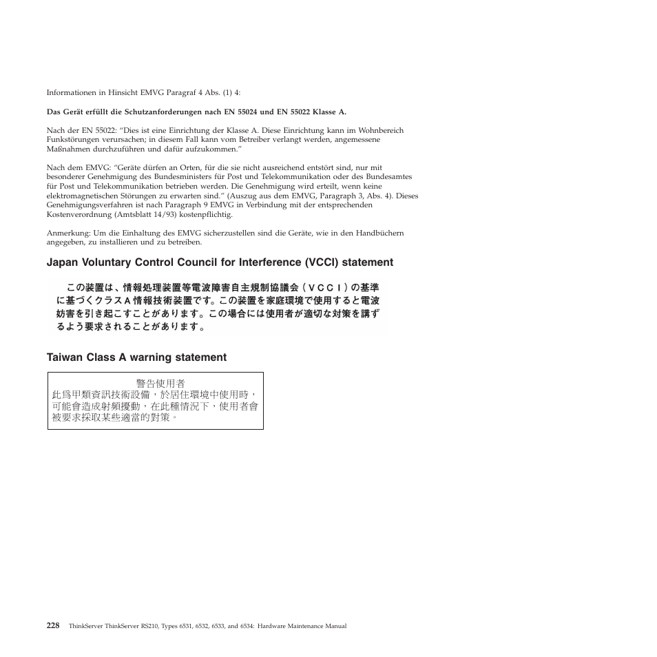 Taiwan class a warning statement | Lenovo THINKSERVER RS210 User Manual | Page 236 / 244