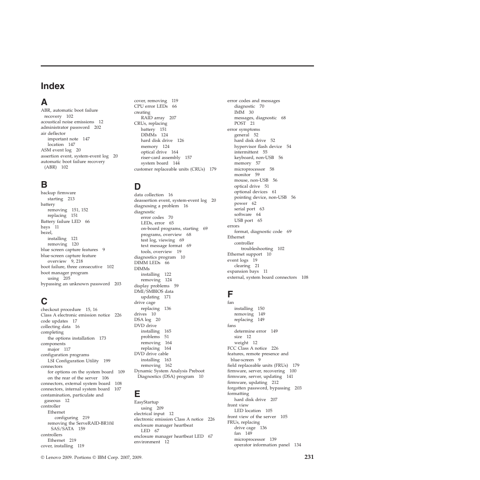 Index, Index a | Lenovo THINKSERVER RS210 User Manual | Page 239 / 244