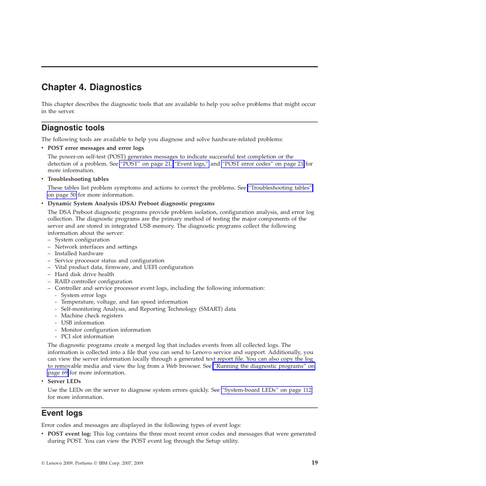 Chapter 4. diagnostics, Diagnostic tools, Event logs | Lenovo THINKSERVER RS210 User Manual | Page 27 / 244