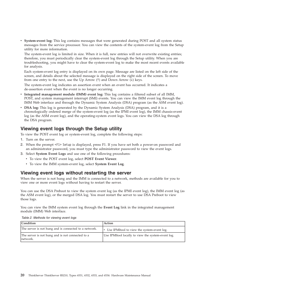 Viewing event logs through the setup utility, Viewing event logs without restarting the server | Lenovo THINKSERVER RS210 User Manual | Page 28 / 244