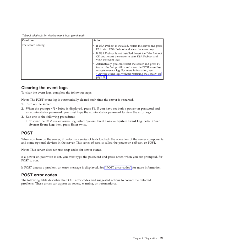 Clearing the event logs, Post, Post error codes | Lenovo THINKSERVER RS210 User Manual | Page 29 / 244