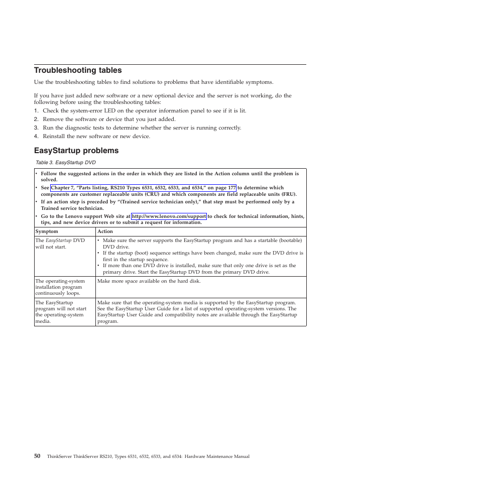 Troubleshooting tables, Easystartup problems | Lenovo THINKSERVER RS210 User Manual | Page 58 / 244