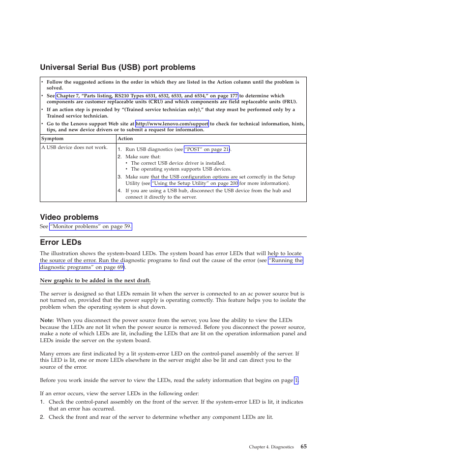 Universal serial bus (usb) port problems, Video problems, Error leds | Lenovo THINKSERVER RS210 User Manual | Page 73 / 244
