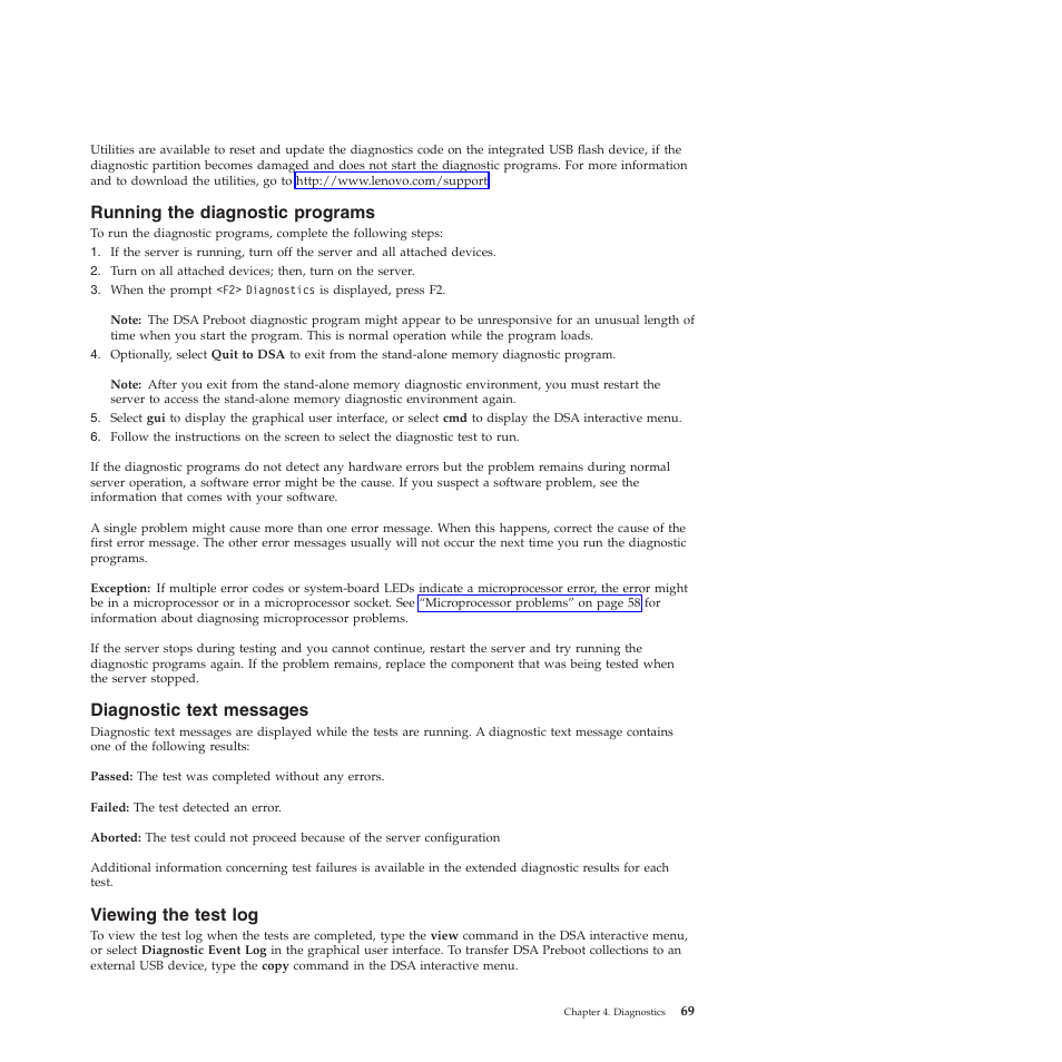 Running the diagnostic programs, Diagnostic text messages, Viewing the test log | Lenovo THINKSERVER RS210 User Manual | Page 77 / 244