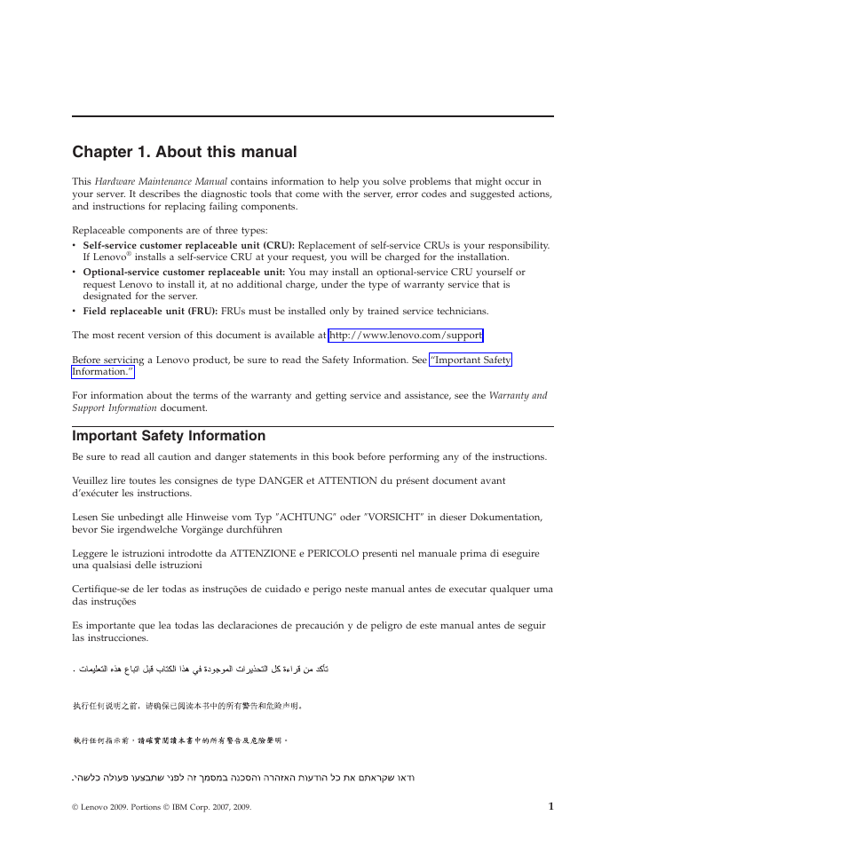 Chapter 1. about this manual, Important safety information | Lenovo THINKSERVER RS210 User Manual | Page 9 / 244