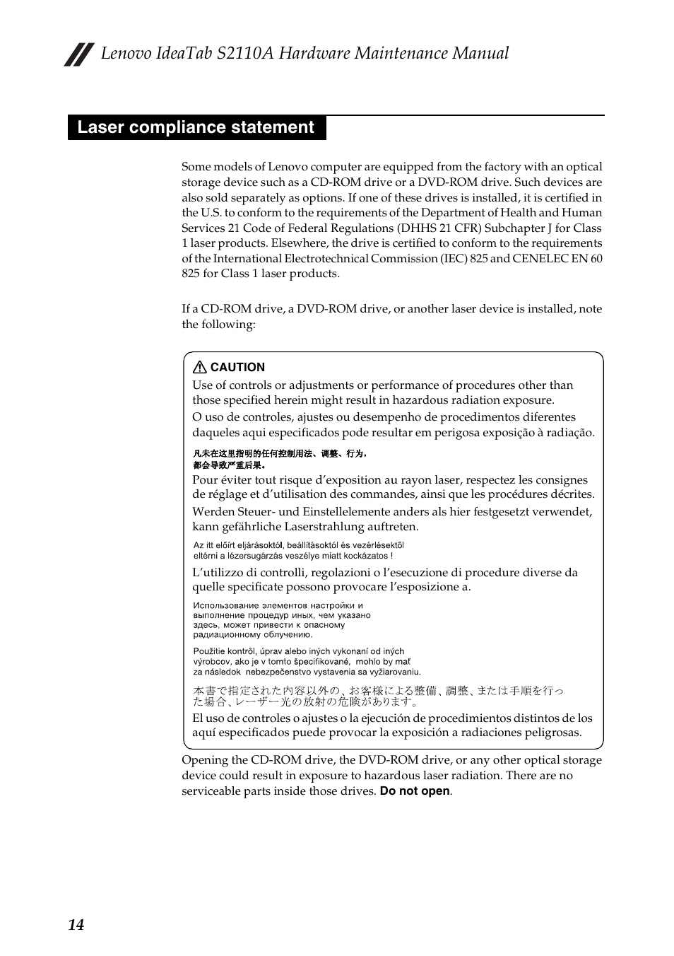 Laser compliance statement, Lenovo ideatab s2110a hardware maintenance manual | Lenovo S2110A User Manual | Page 18 / 46