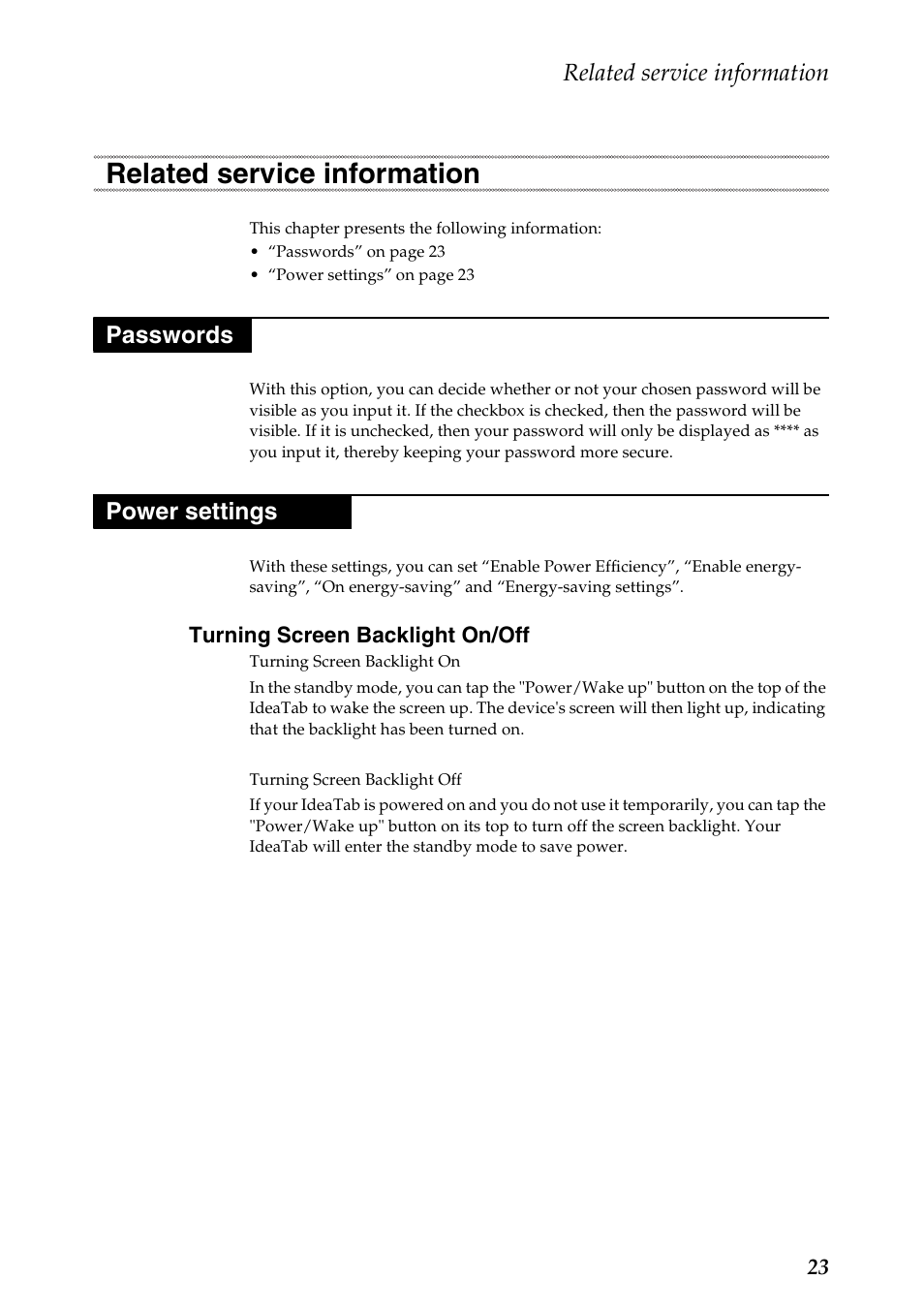 Related service information, Passwords, Power settings | Turning screen backlight on/off, Passwords power settings | Lenovo S2110A User Manual | Page 27 / 46