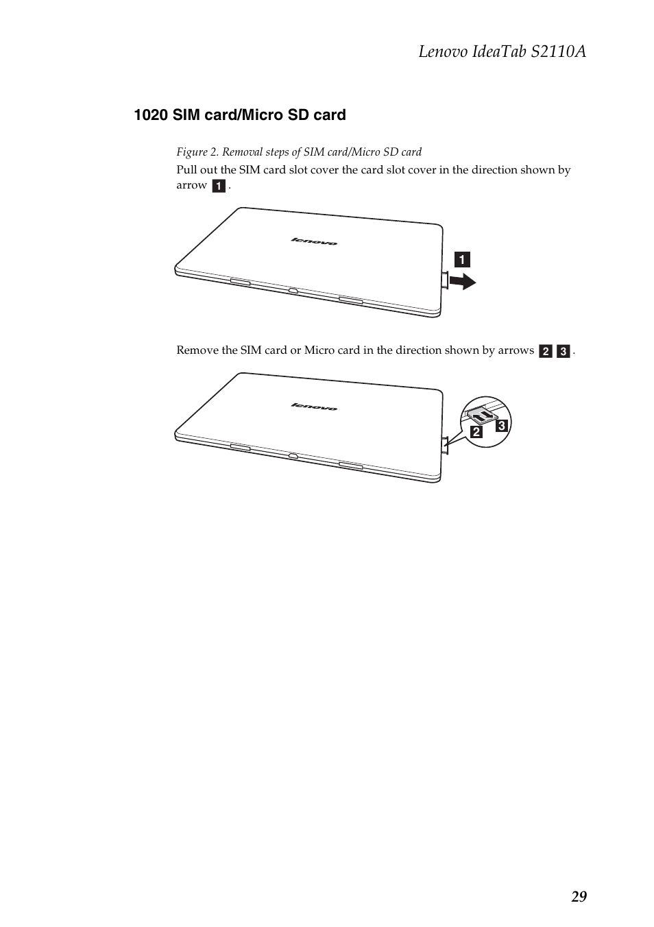 1020 sim card/micro sd card, Lenovo ideatab s2110a | Lenovo S2110A User Manual | Page 33 / 46