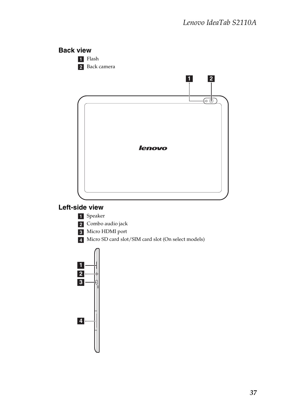 Back view, Left-side view, Back view left-side view | Lenovo ideatab s2110a | Lenovo S2110A User Manual | Page 41 / 46