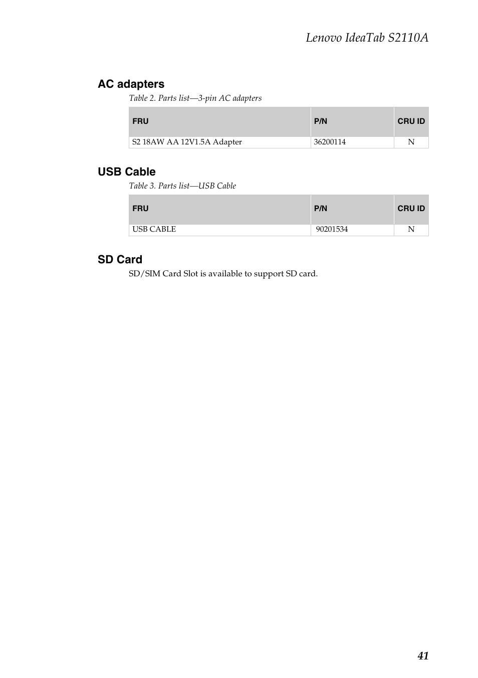Ac adapters, Usb cable, Sd card | Ac adapters usb cable, Lenovo ideatab s2110a, 41 ac adapters | Lenovo S2110A User Manual | Page 45 / 46
