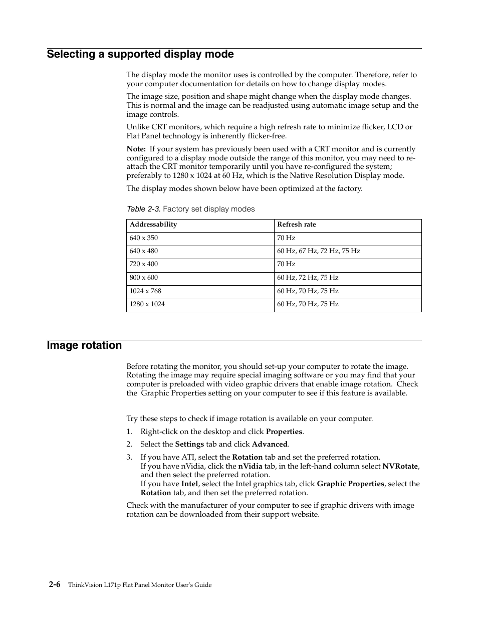 Selecting a supported display mode, Image rotation | Lenovo L171p User Manual | Page 16 / 34