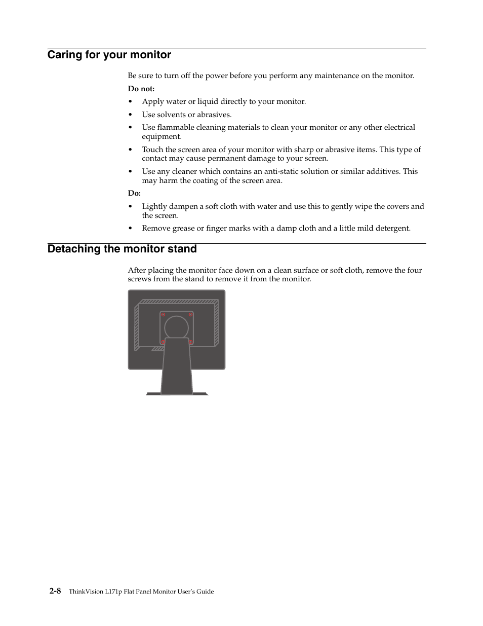 Caring for your monitor, Detaching the monitor stand | Lenovo L171p User Manual | Page 18 / 34