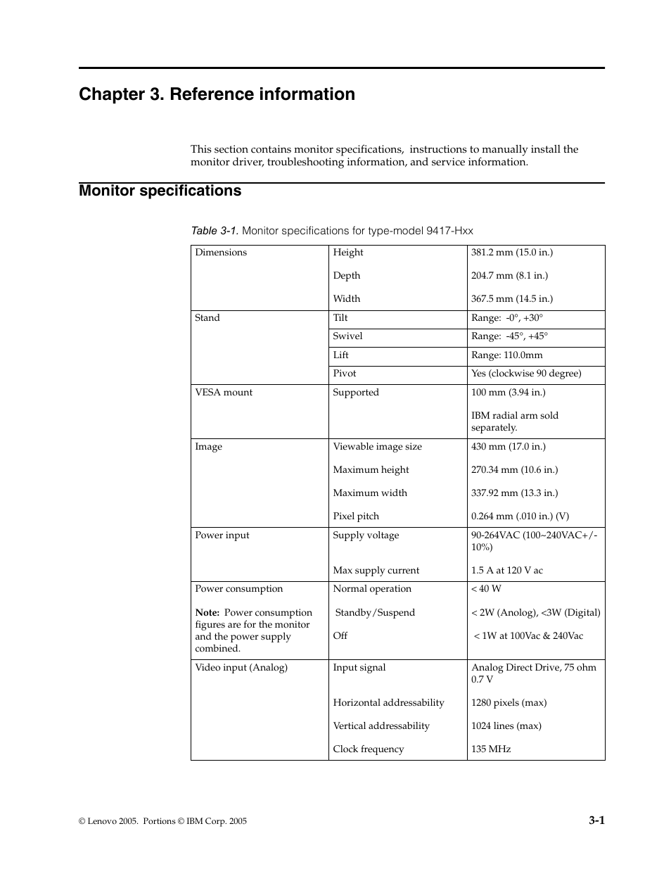 Chapter 3. reference information, Monitor specifications, Chapte | Monitor specifications -1 | Lenovo L171p User Manual | Page 19 / 34