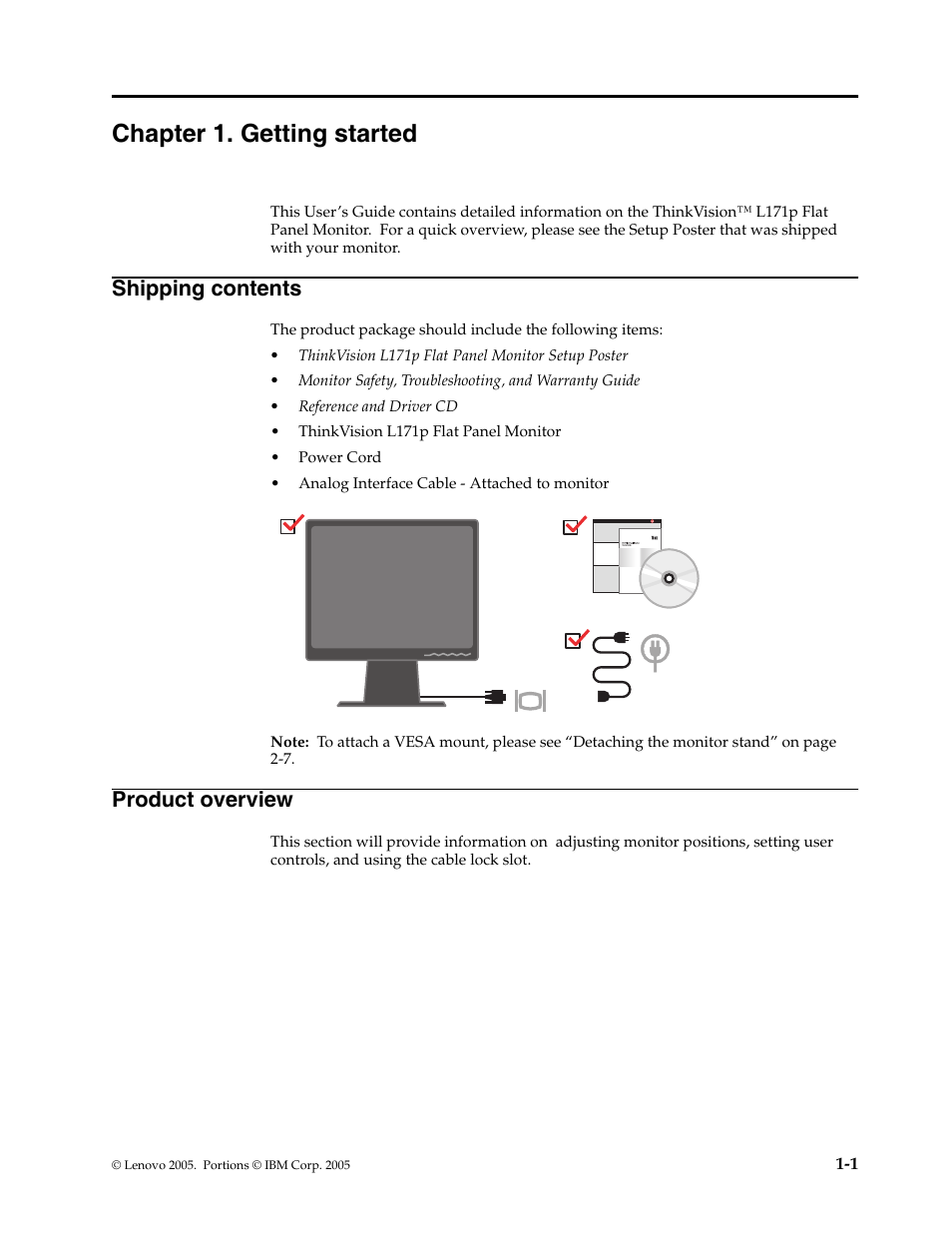 Chapter 1. getting started, Shipping contents, Product overview | Chapte, Shipping contents -1 product overview -1 | Lenovo L171p User Manual | Page 5 / 34