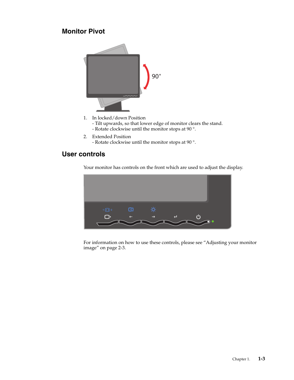 Monitor pivot, User controls, Monitor pivot -3 user controls -3 | Lenovo L171p User Manual | Page 7 / 34