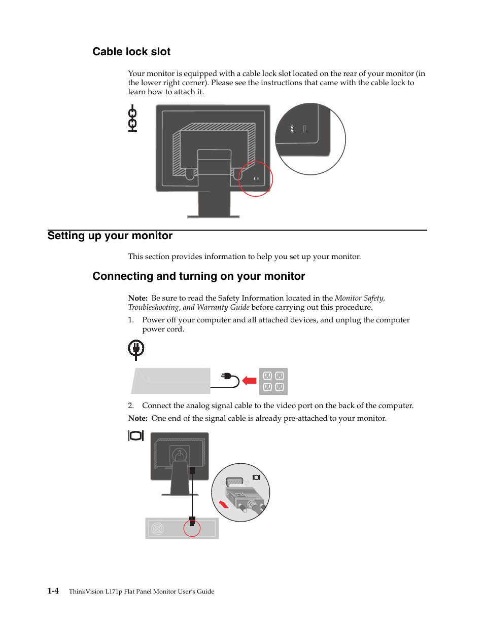 Cable lock slot, Setting up your monitor, Connecting and turning on your monitor | Cable lock slot -4, Setting up your monitor -4, Connecting and turning on your monitor -4 | Lenovo L171p User Manual | Page 8 / 34