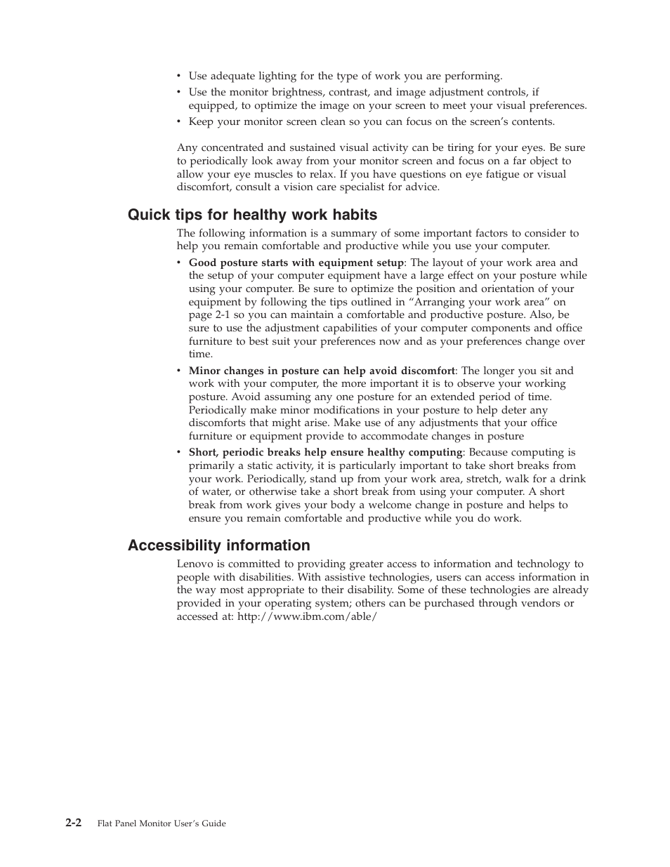 Quick tips for healthy work habits, Accessibility information, Quick | Tips, Healthy, Work, Habits, Accessibility, Information | Lenovo ThinkVision L1900 User Manual | Page 11 / 29