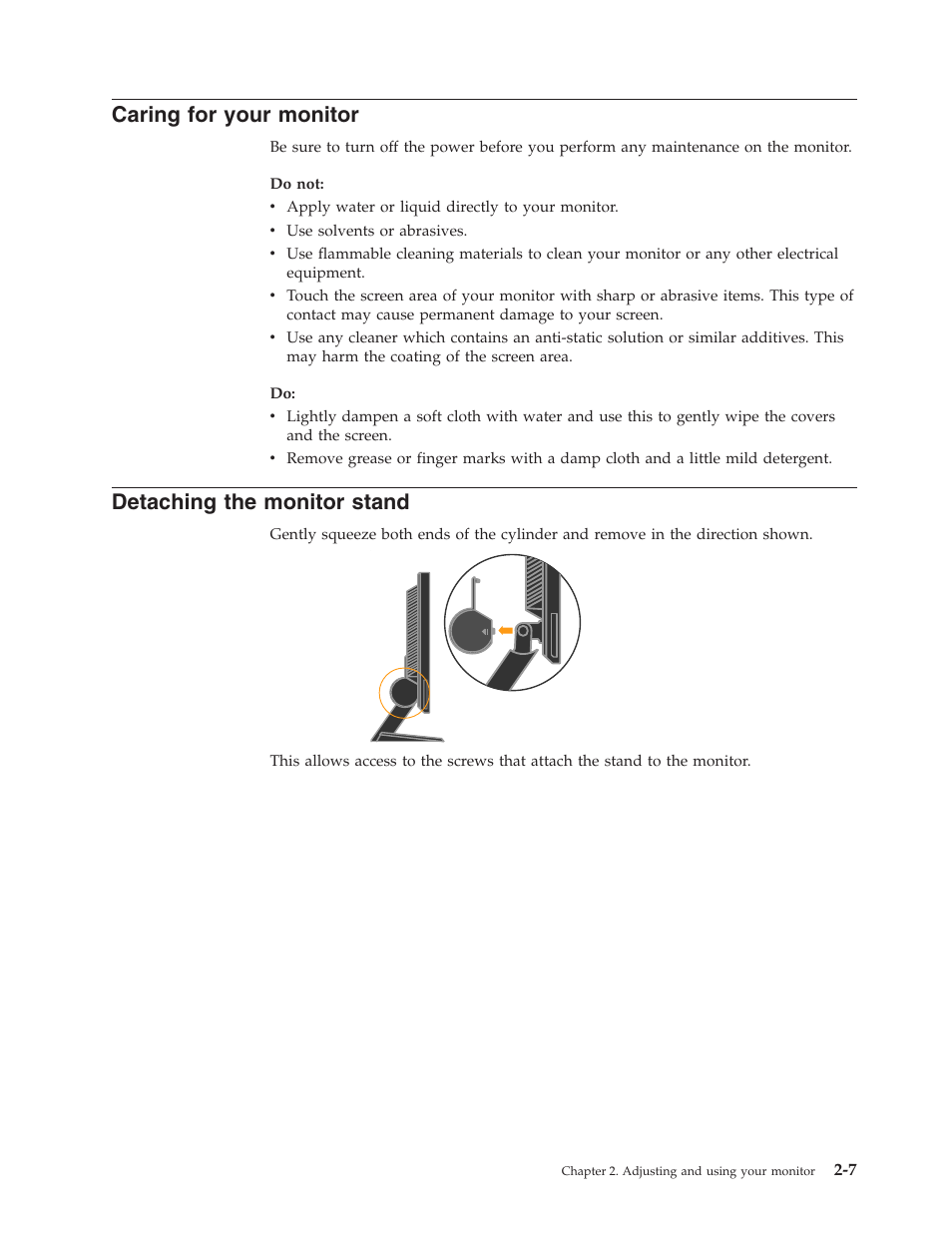 Caring for your monitor, Detaching the monitor stand, Caring | Your, Monitor, Detaching, Stand | Lenovo ThinkVision L1900 User Manual | Page 16 / 29