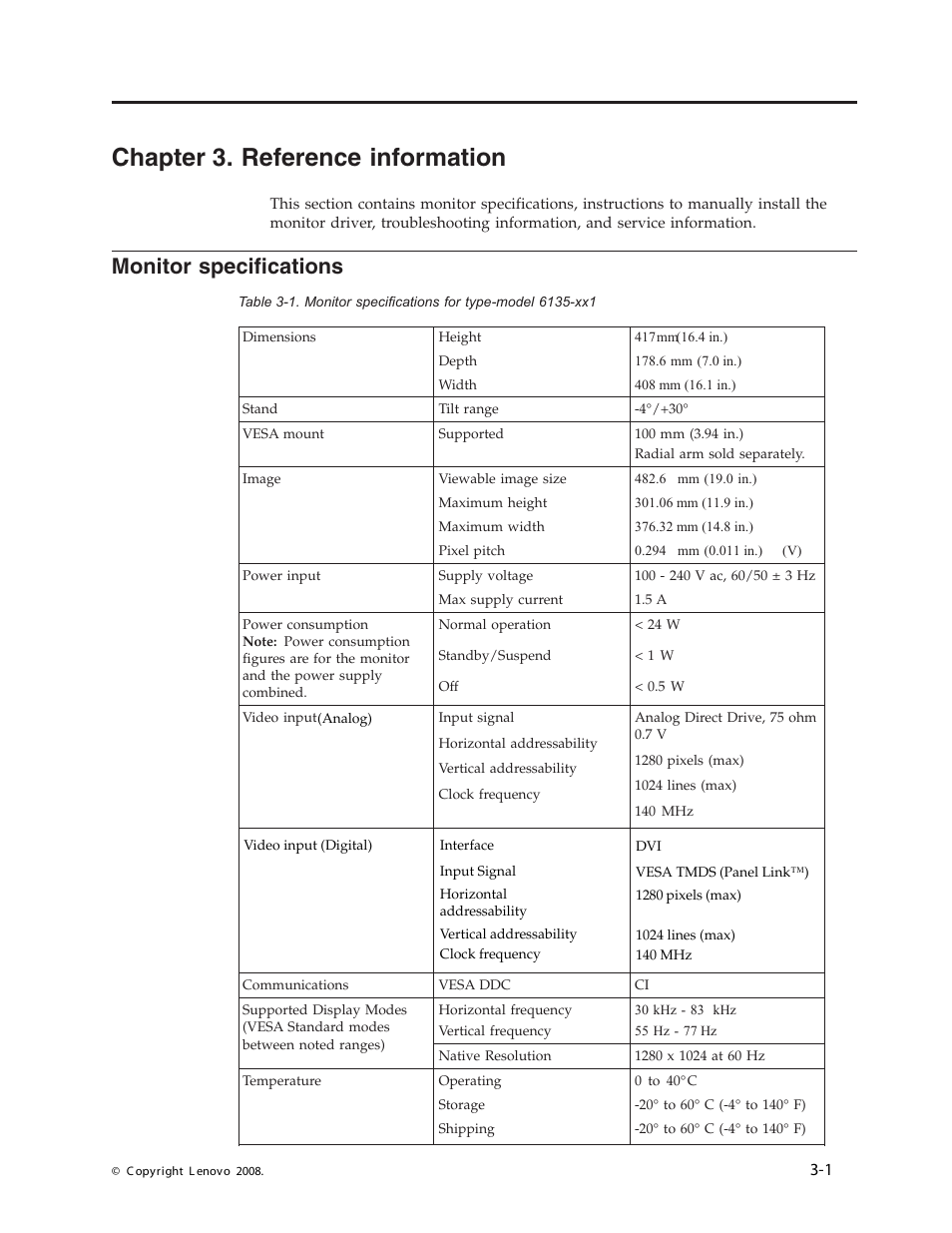 Chapter 3. reference information, Monitor specifications, Chapter | Reference, Information, Monitor, Specifications | Lenovo ThinkVision L1900 User Manual | Page 17 / 29