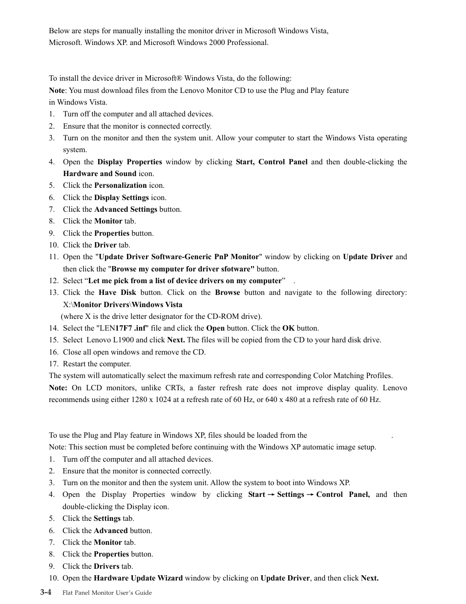 Manually installing the monitor driver, Installing the monitor driver in windows xp, Installing the monitor driver in windows 2000 | Lenovo ThinkVision L1900 User Manual | Page 20 / 29