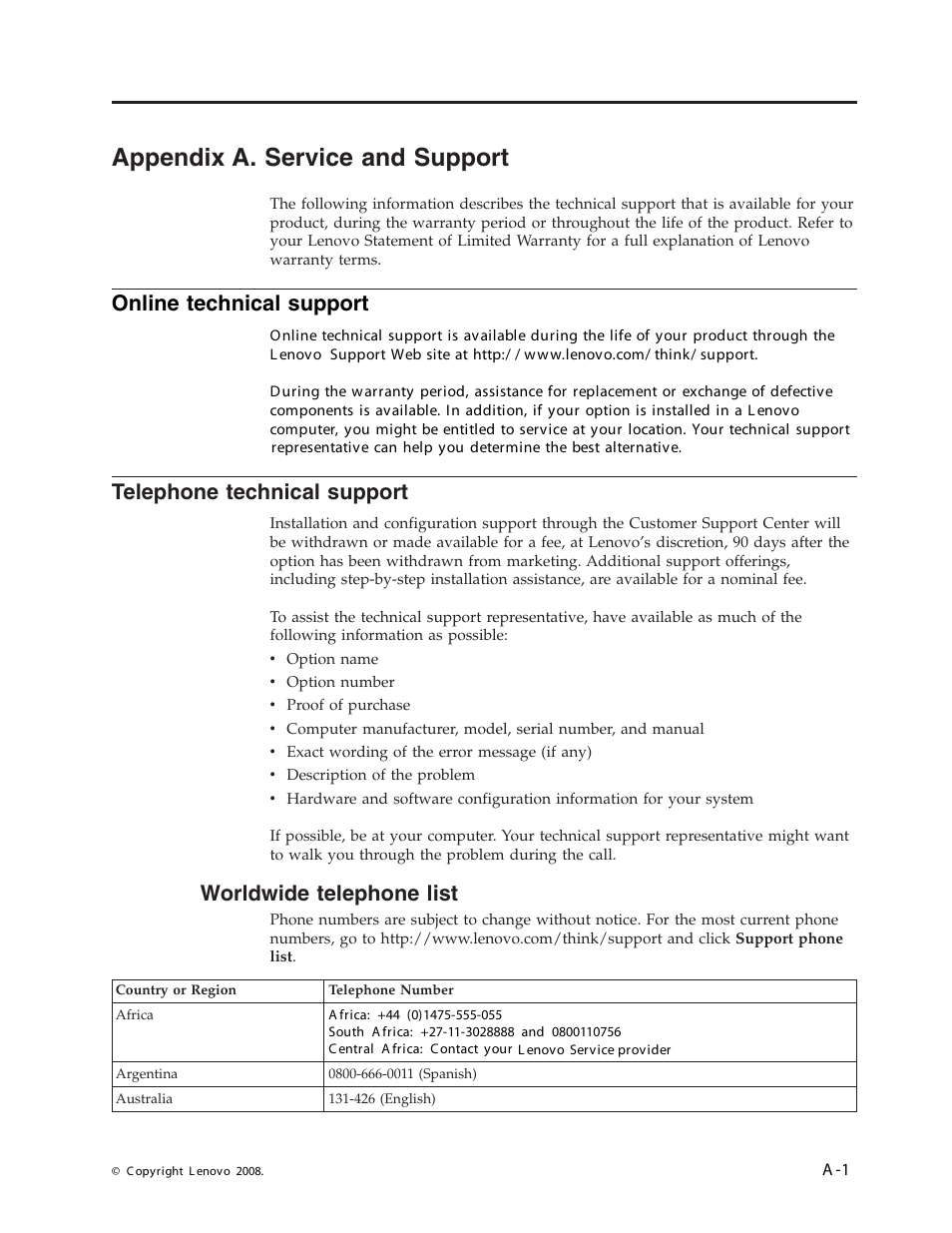 Appendix a. service and support, Online technical support, Telephone technical support | Appendix, Service, Support, Telephone, Technical, Worldwide, List | Lenovo ThinkVision L1900 User Manual | Page 24 / 29