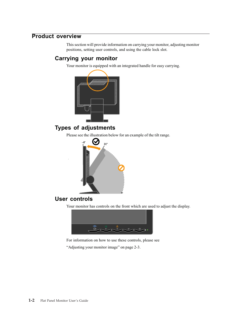 Product overview, Types of adjustments, User controls | Carrying your monitor | Lenovo ThinkVision L1900 User Manual | Page 6 / 29