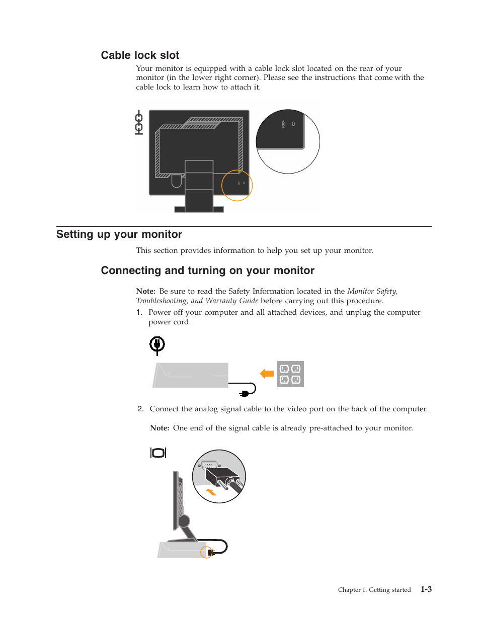 Cable lock slot, Setting up your monitor, Connecting and turning on your monitor | Cable, Lock, Slot, Setting, Your, Monitor, Connecting | Lenovo ThinkVision L1900 User Manual | Page 7 / 29