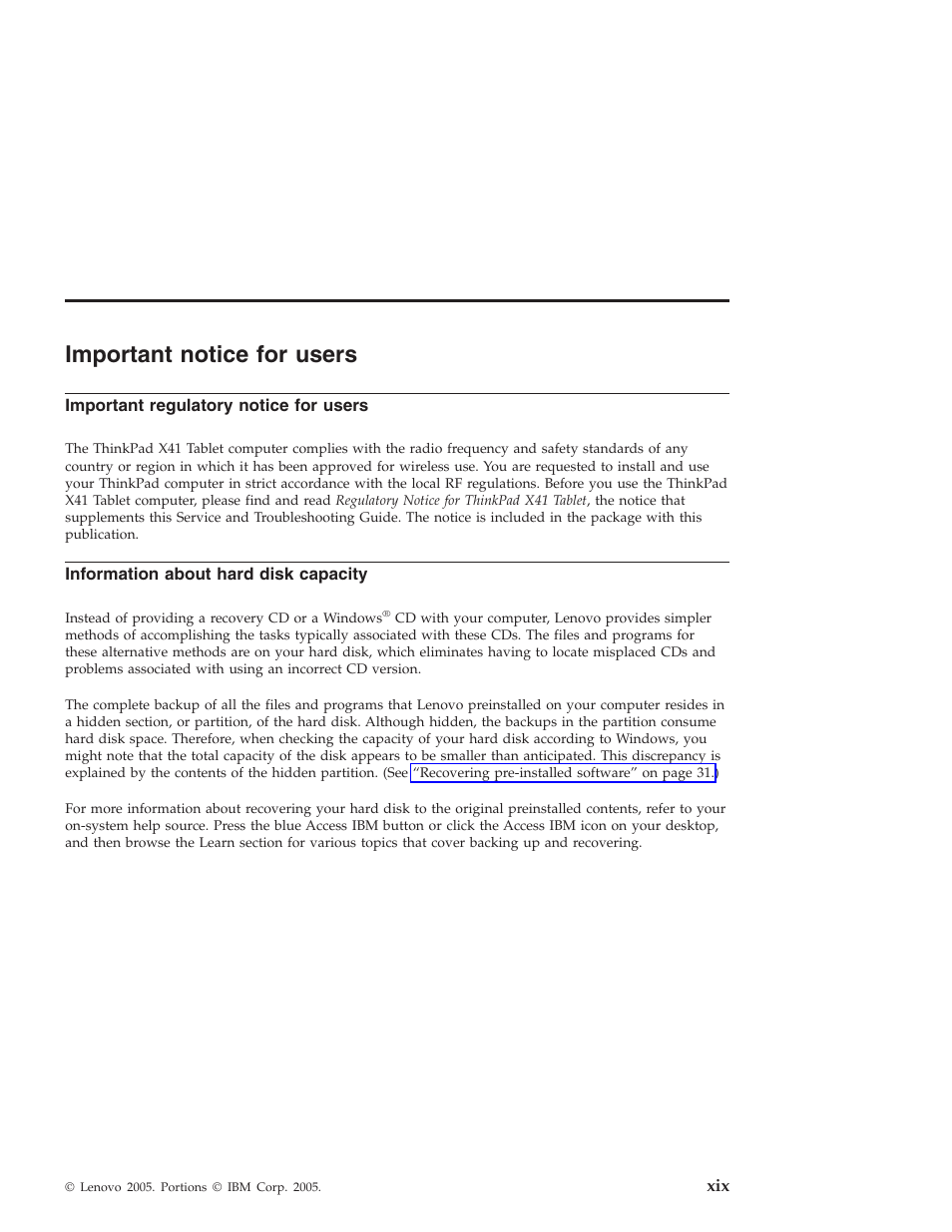 Important notice for users, Important regulatory notice for users, Information about hard disk capacity | Important, Notice, Users, Regulatory, Information, About, Hard | Lenovo THINKPAD X41 User Manual | Page 21 / 110