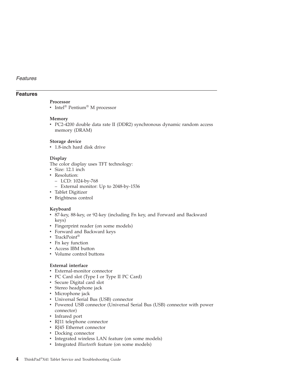 Features | Lenovo THINKPAD X41 User Manual | Page 28 / 110