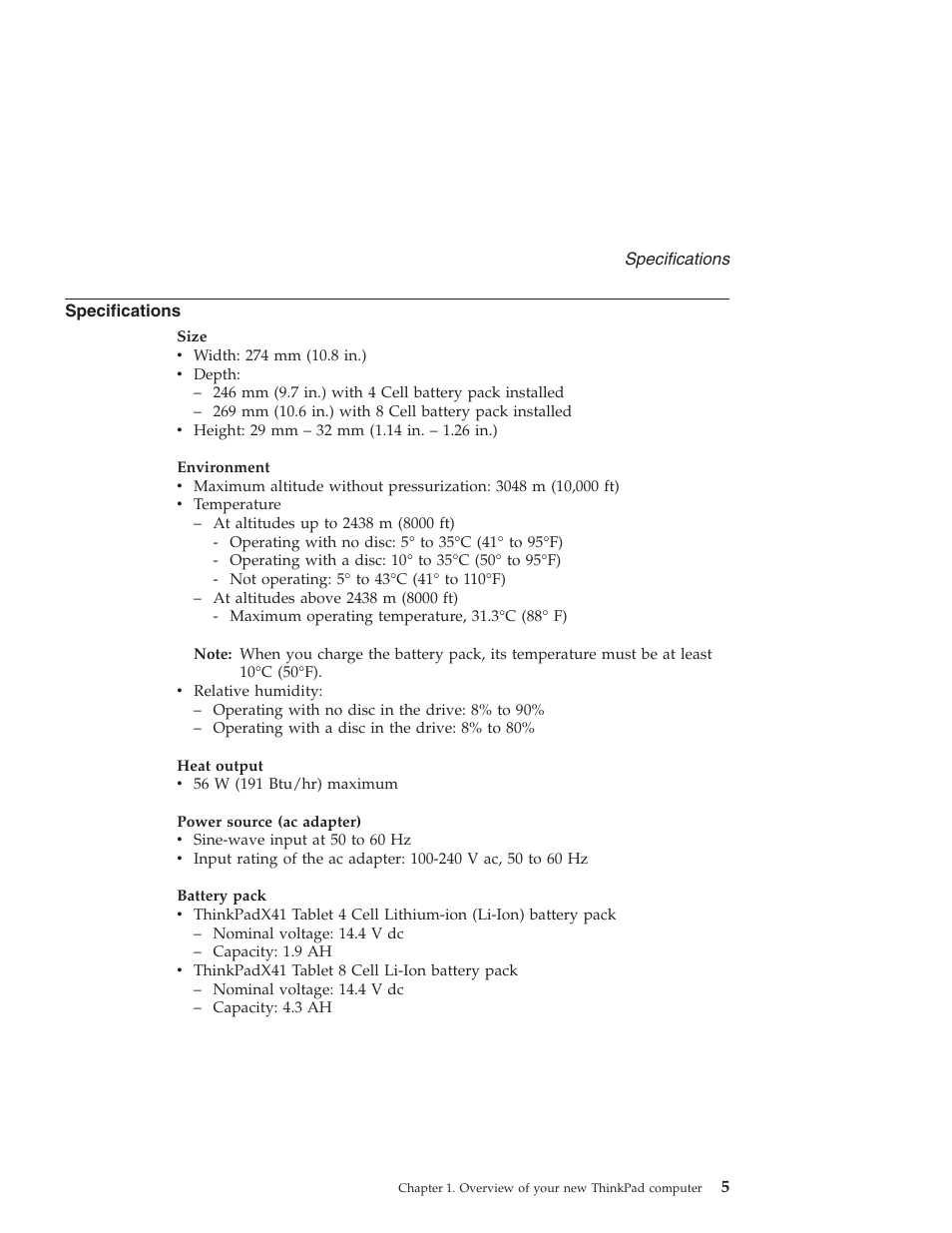 Specifications | Lenovo THINKPAD X41 User Manual | Page 29 / 110