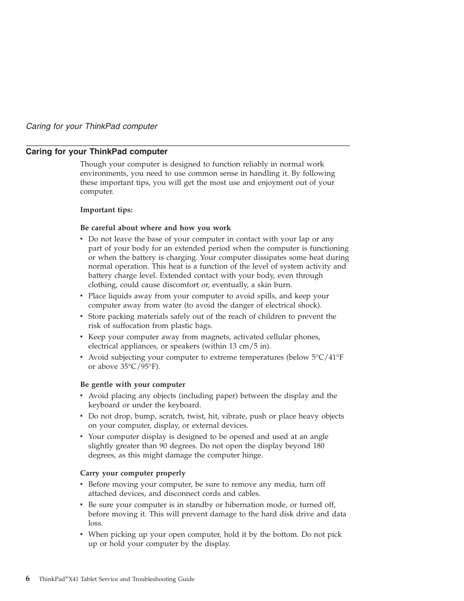 Caring for your thinkpad computer, Caring, Your | Thinkpad, Computer | Lenovo THINKPAD X41 User Manual | Page 30 / 110